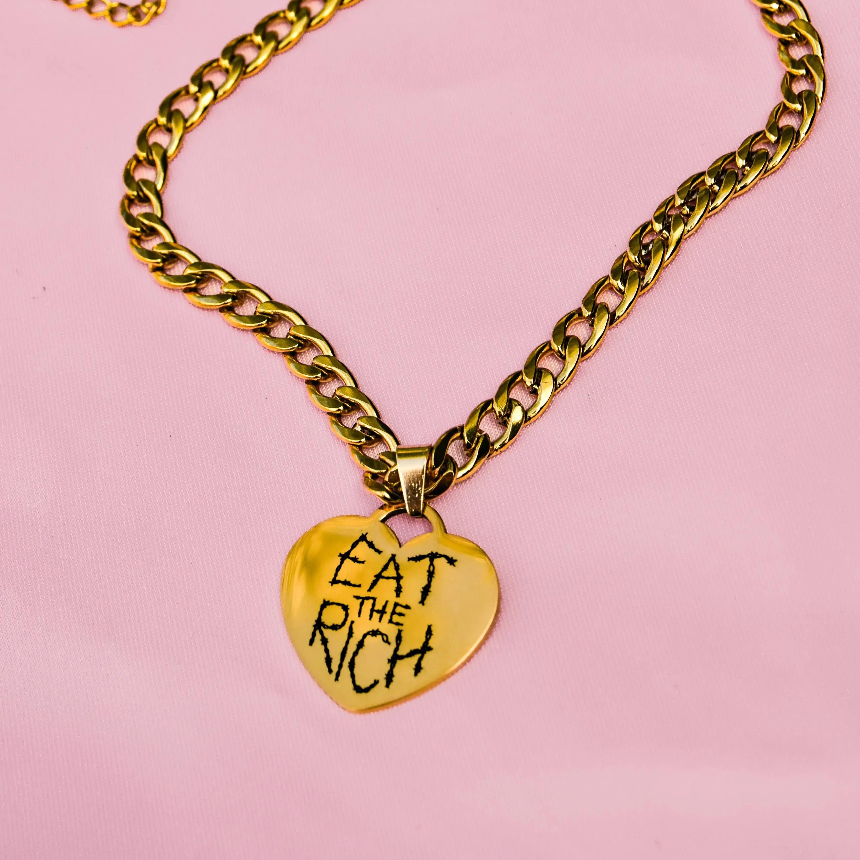Gold Eat The Rich engraved heart chunky chain in 304 stainless steel Leftbians