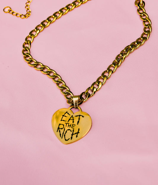 Gold Eat The Rich engraved heart chunky chain in 304 stainless steel