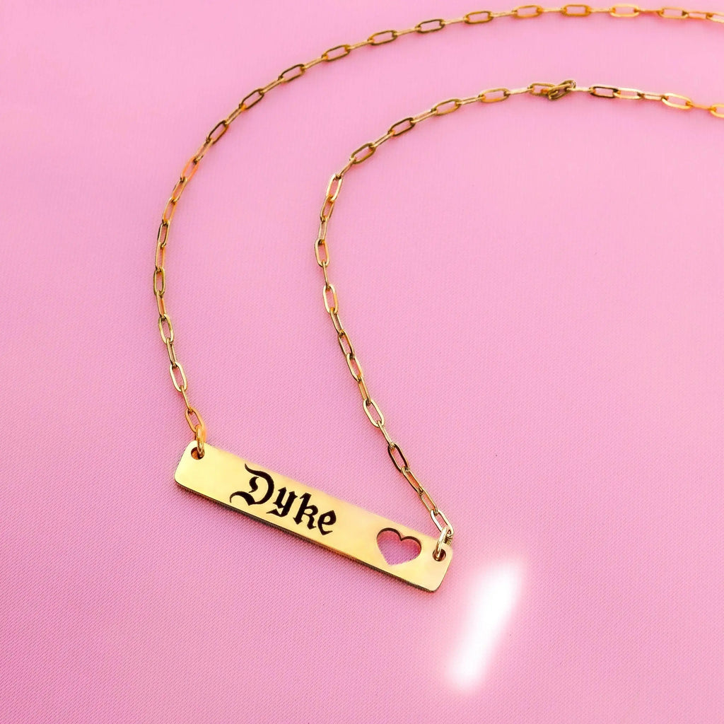 Dyke gothic text on bar pendant necklace gold stainless steel Leftbians