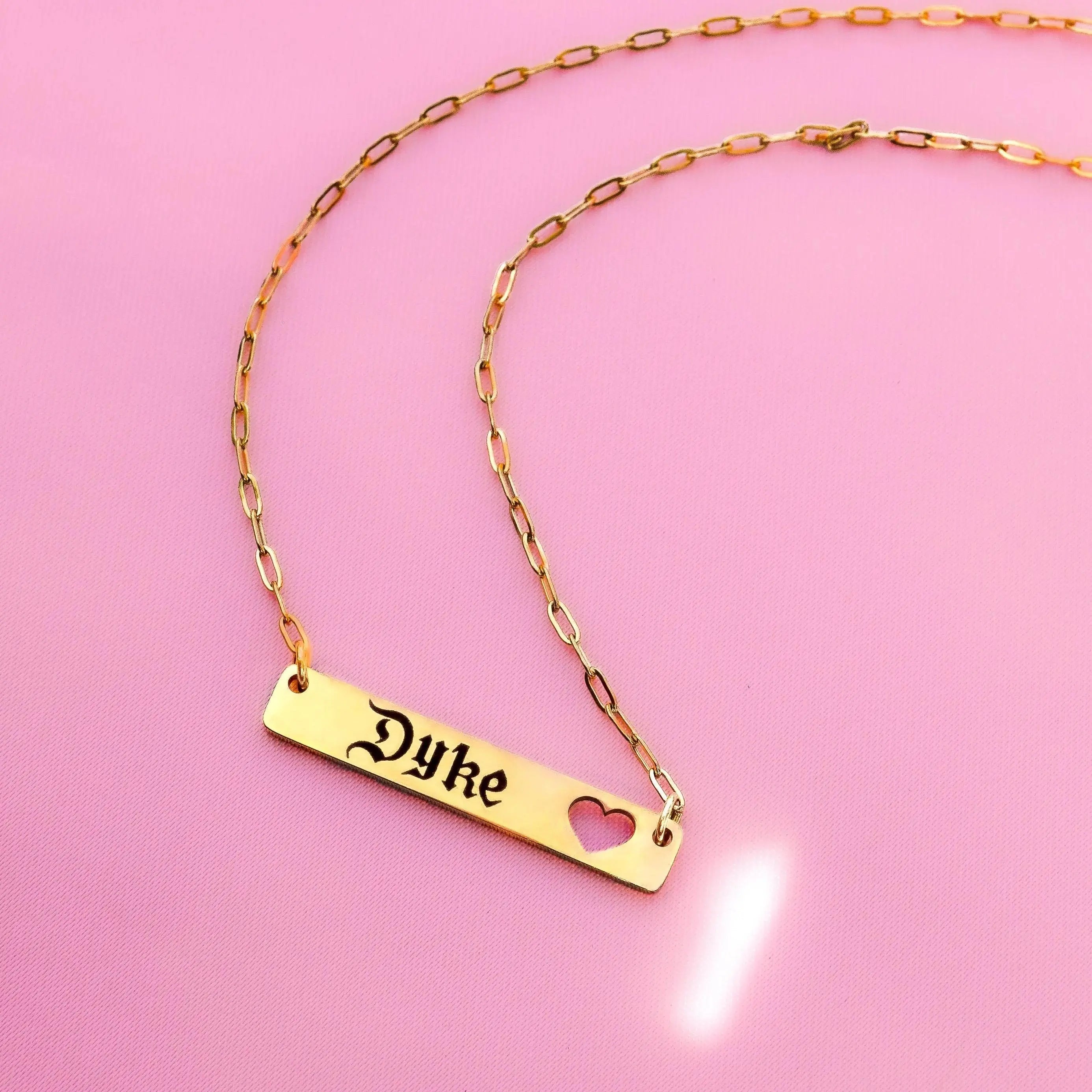 Dyke gothic text on bar pendant necklace gold stainless steel Leftbians
