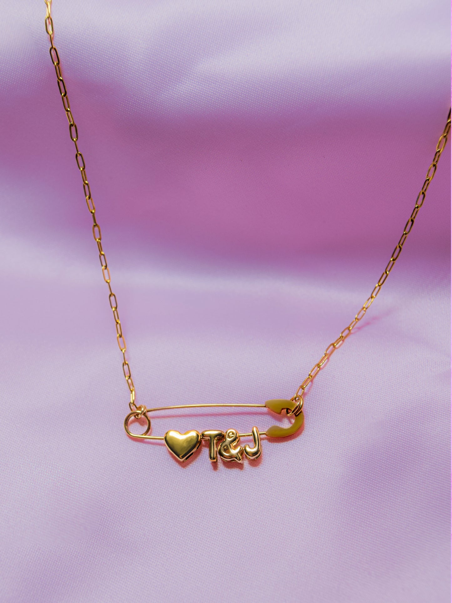 Gold safety pin couple heart necklace