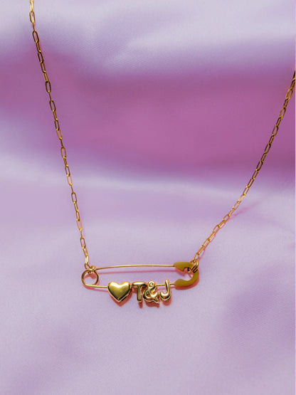 Gold safety pin couple heart necklace Leftbians