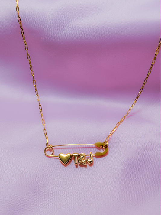 Gold safety pin couple heart necklace