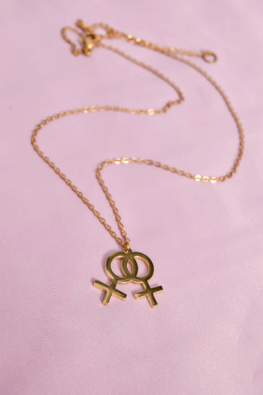 Gold double venus symbol necklace in 304 stainless steel