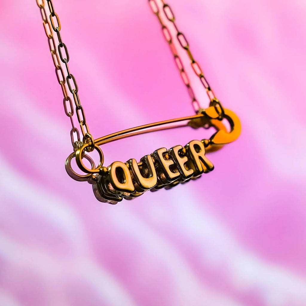 Queer safety pin necklace, gold plated stainless steel Leftbians