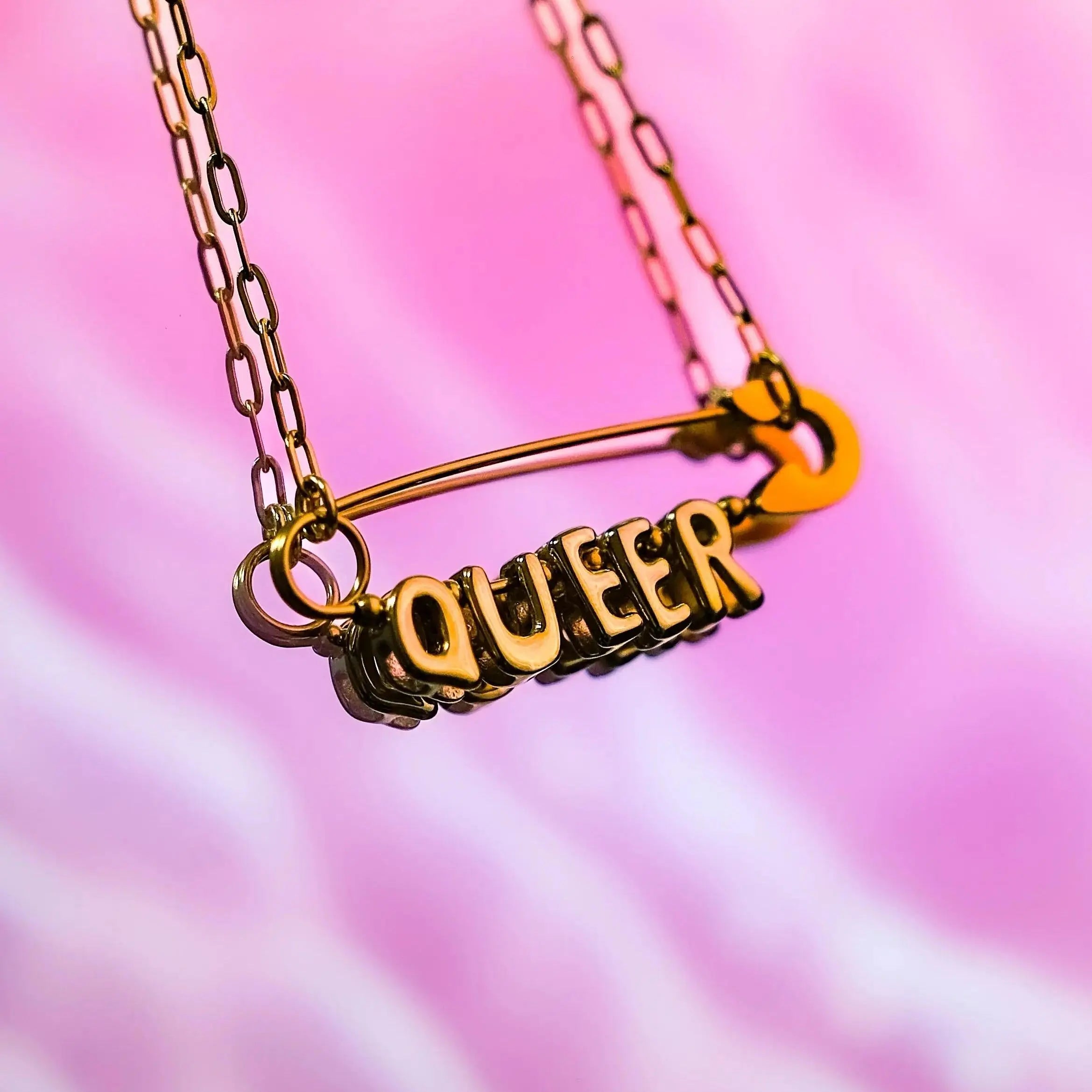 Queer safety pin necklace, gold plated stainless steel Leftbians
