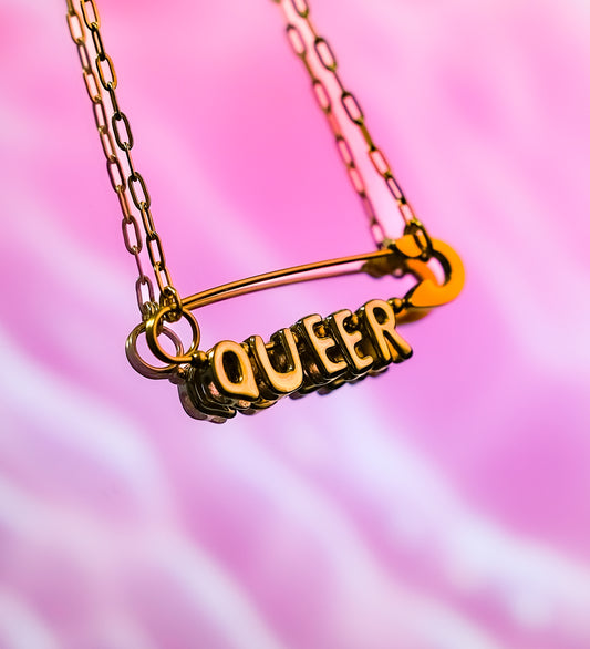 Queer safety pin necklace, gold plated stainless steel
