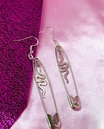 Safety pin earrings with snake charms