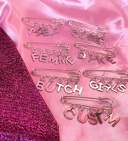 BI letter charm word kilt pin brooch