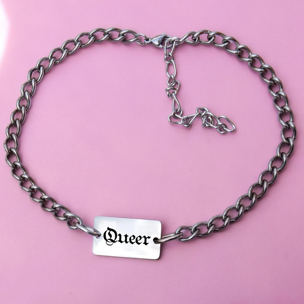 Queer gothic text chain necklace stainless steel Leftbians