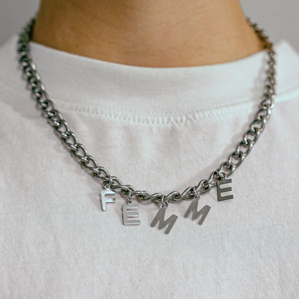 FEMME letter charm chain in stainless steel Leftbians