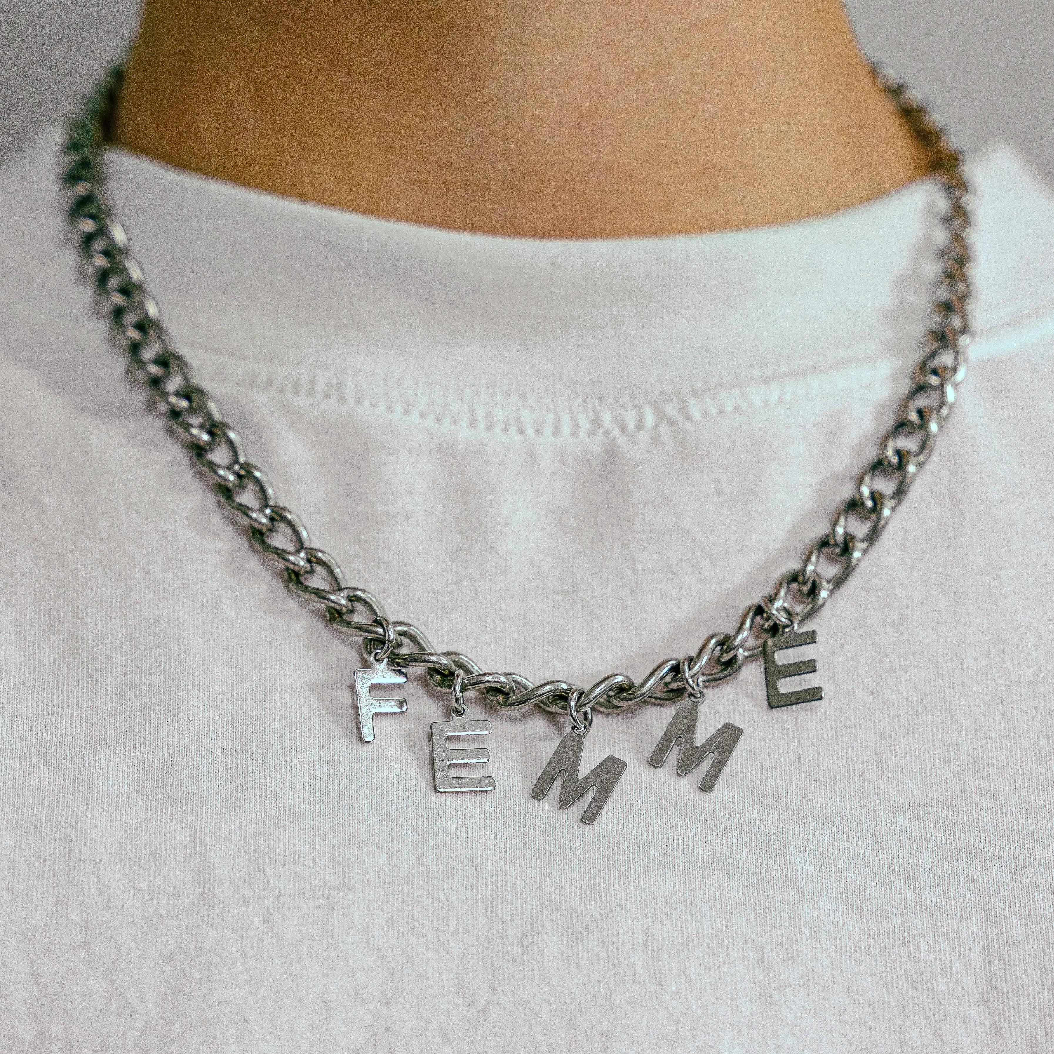 FEMME letter charm chain in stainless steel Leftbians