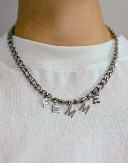 FEMME letter charm chain in stainless steel Leftbians