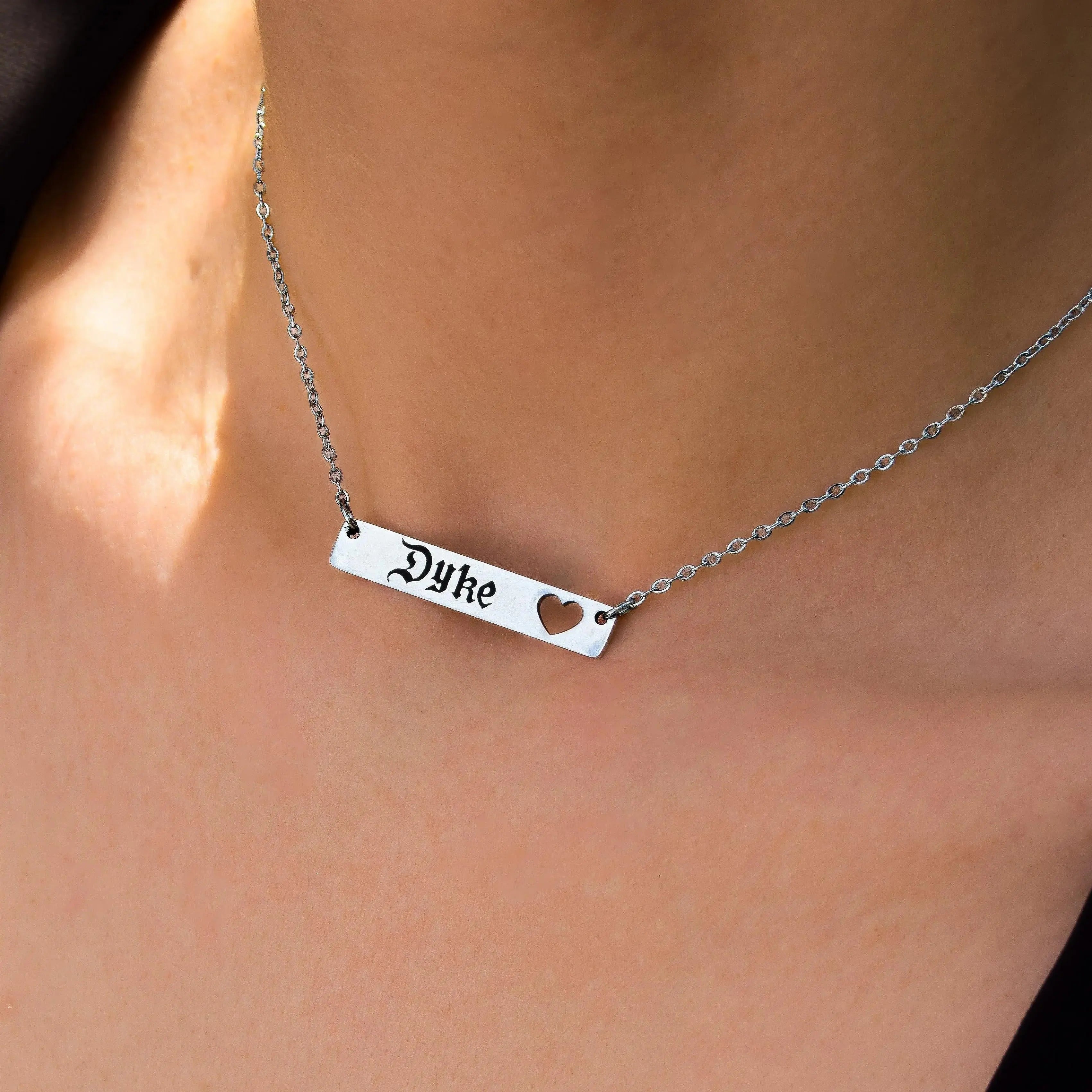 Dyke gothic text on bar pendant necklace, stainless steel Leftbians