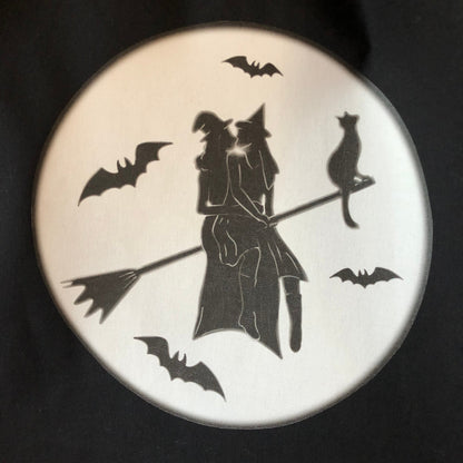 Gay witches on a broomstick, black tote bag