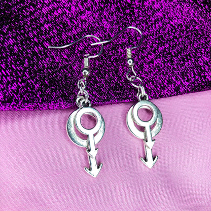 Double mars silver earrings, small and big layered charm earrings