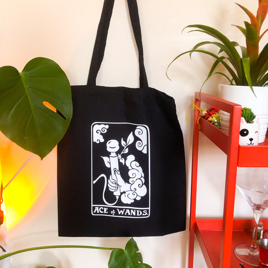 Ace of wands black tarot card tote bag