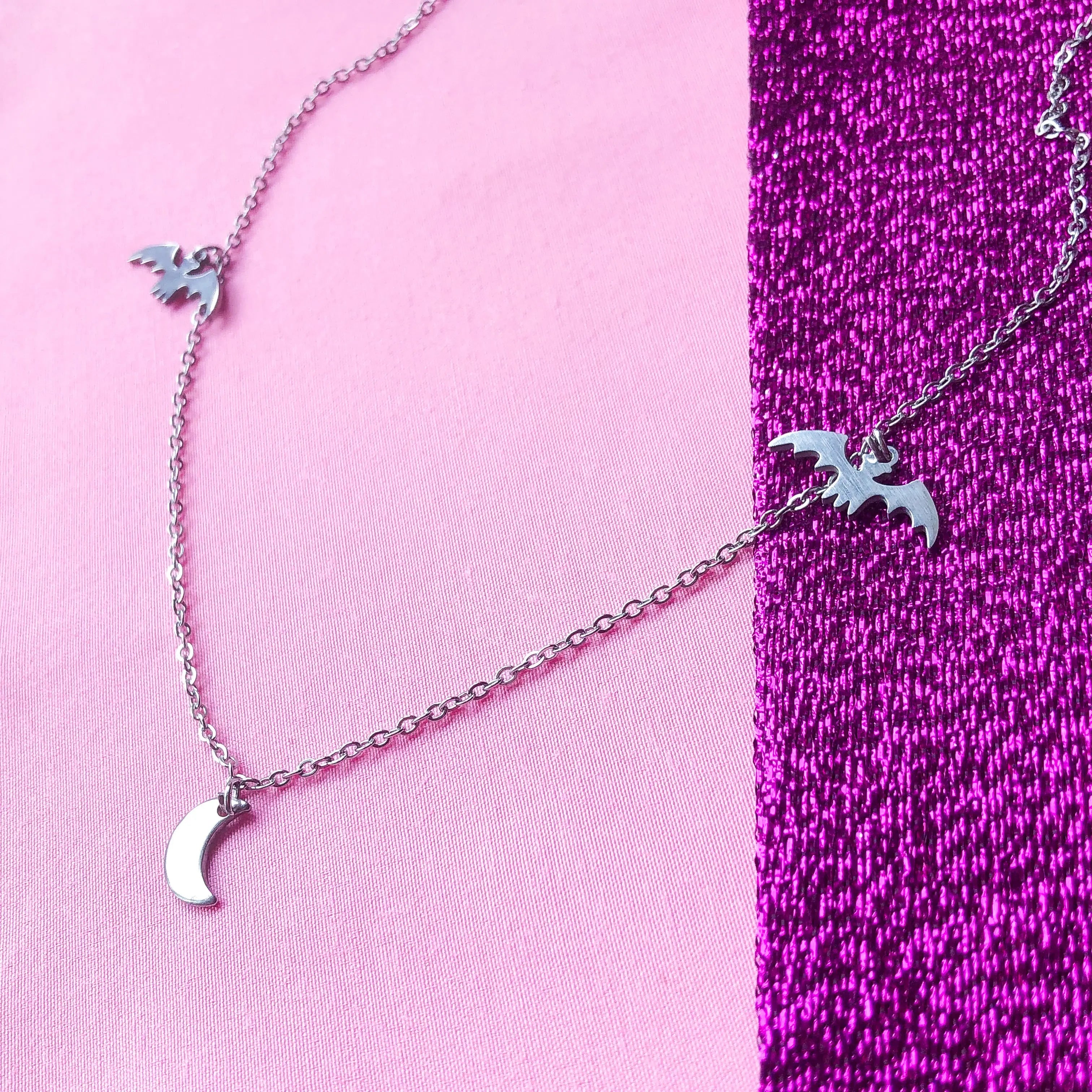 Bat and moon charm necklace, 100% stainless steel Leftbians