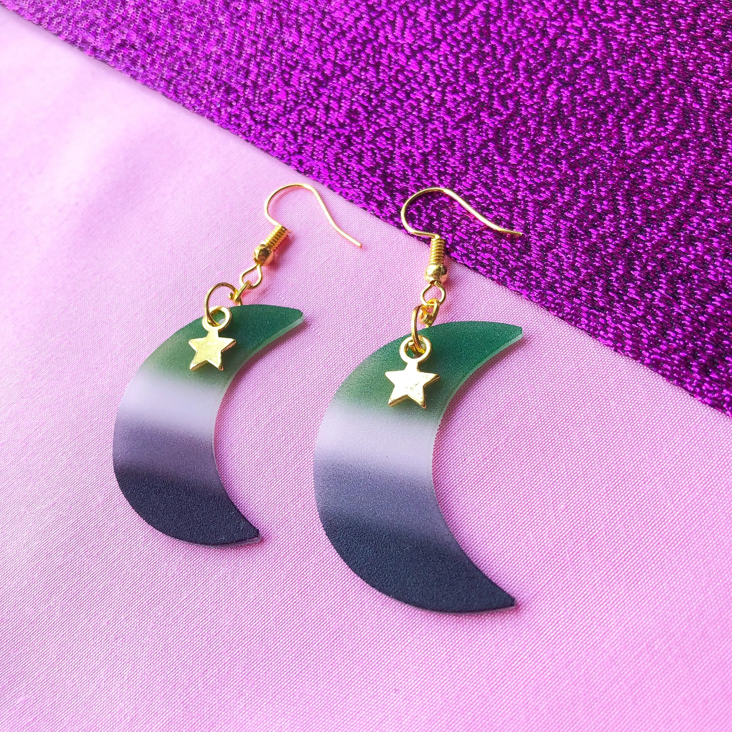 Aromantic flag crescent moon earrings Leftbians