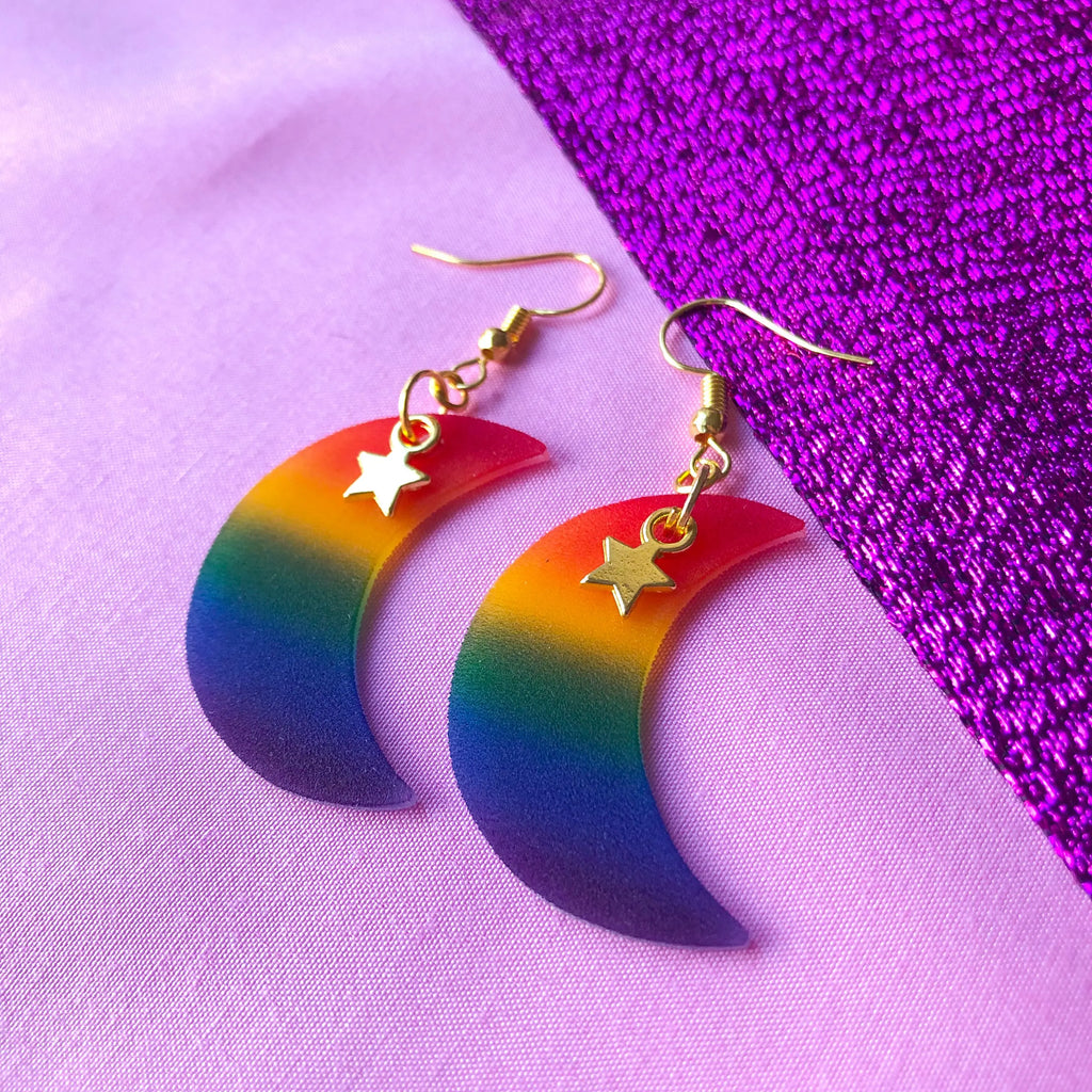 Rainbow gay pride flag crescent moon earrings Leftbians