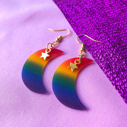 Rainbow gay pride flag crescent moon earrings