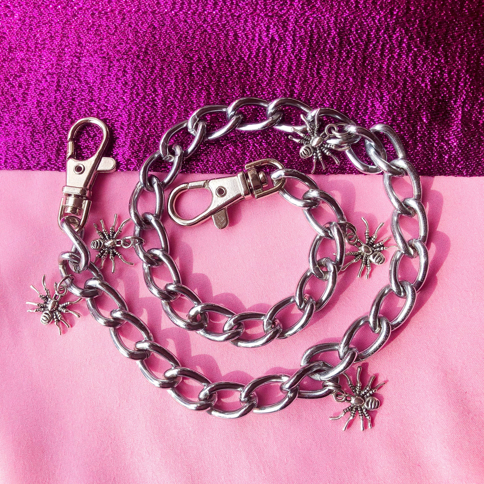 Pink Spider Chain Jean chain with multiple spider charms, halloween style wallet chain ...