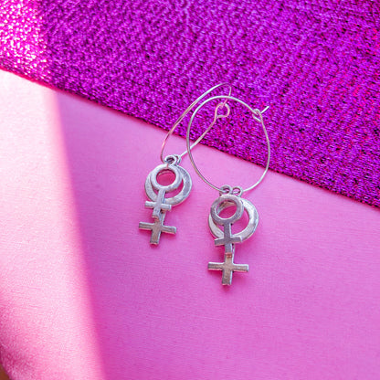 Double Venus silver symbol hoop earrings