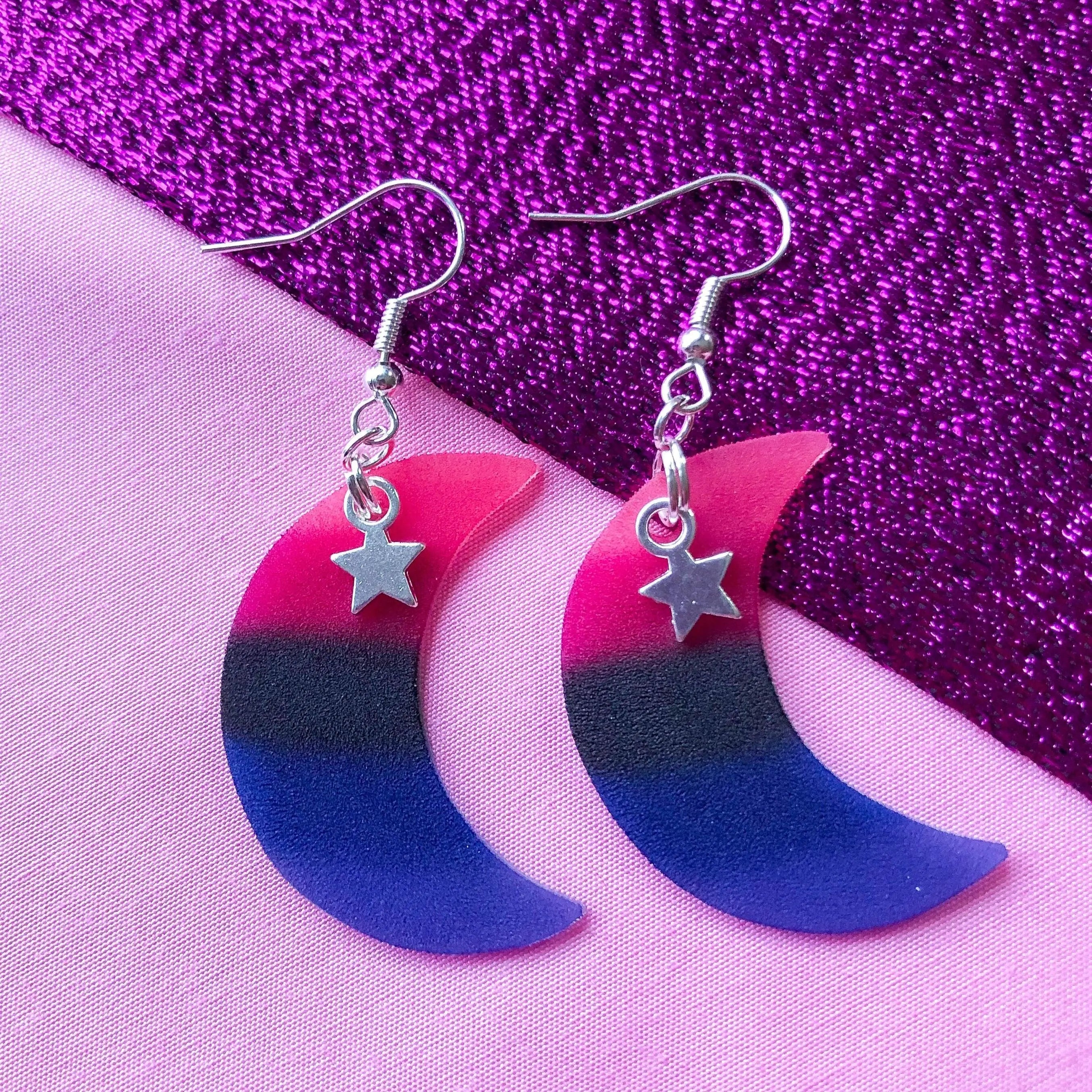 Omnisexual flag crescent moon earrings Leftbians