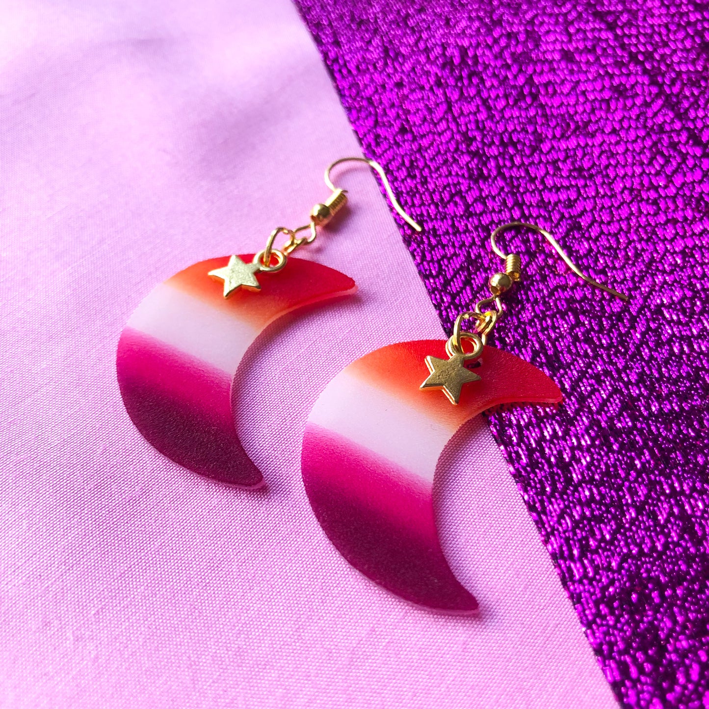 Lesbian flag crescent moon earrings