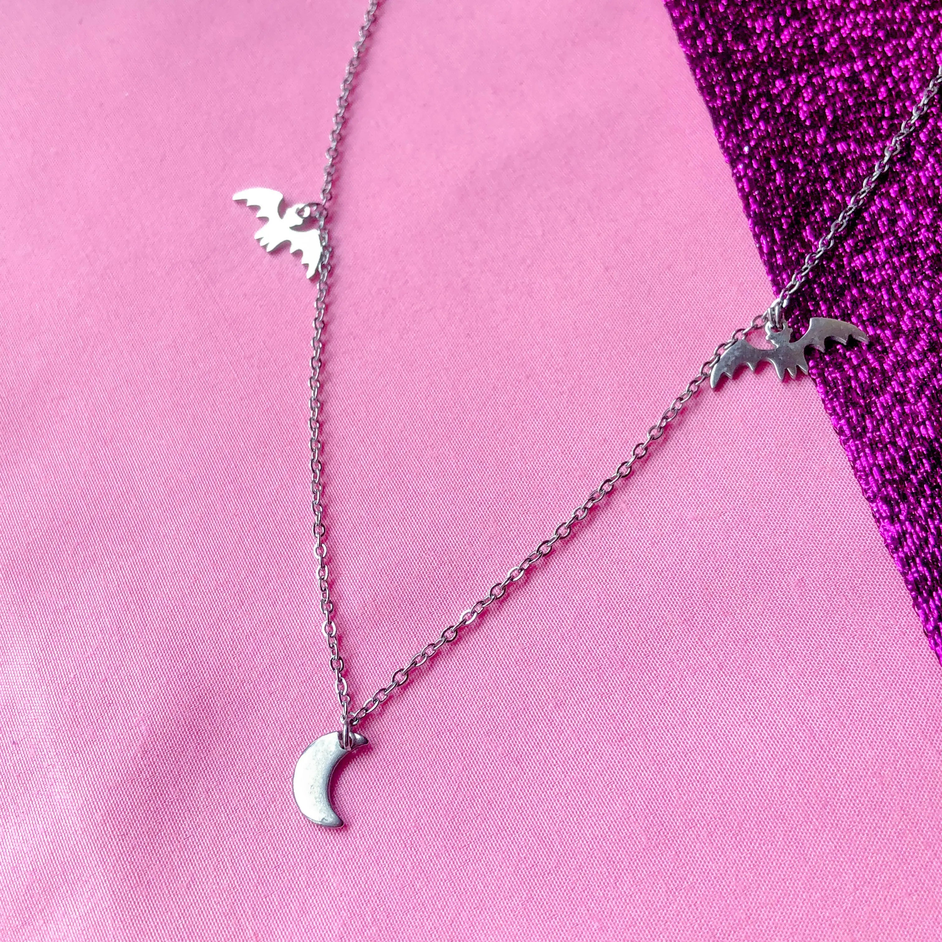 Bat and moon charm necklace, 100% stainless steel Leftbians
