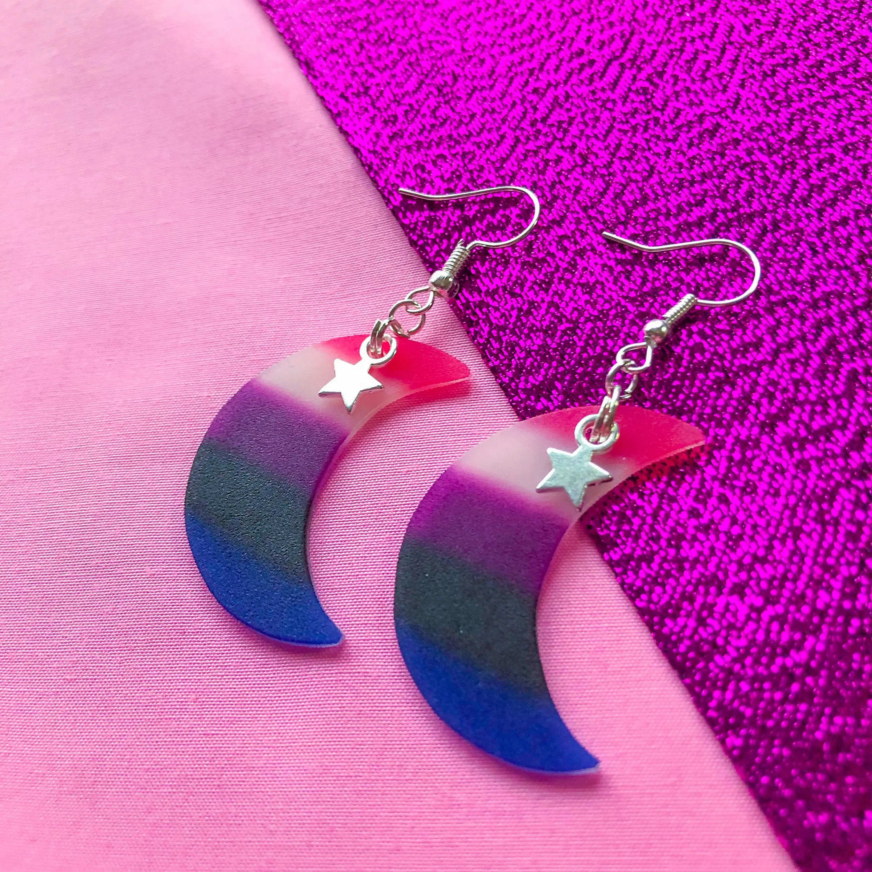 Genderfluid flag crescent moon earrings Leftbians