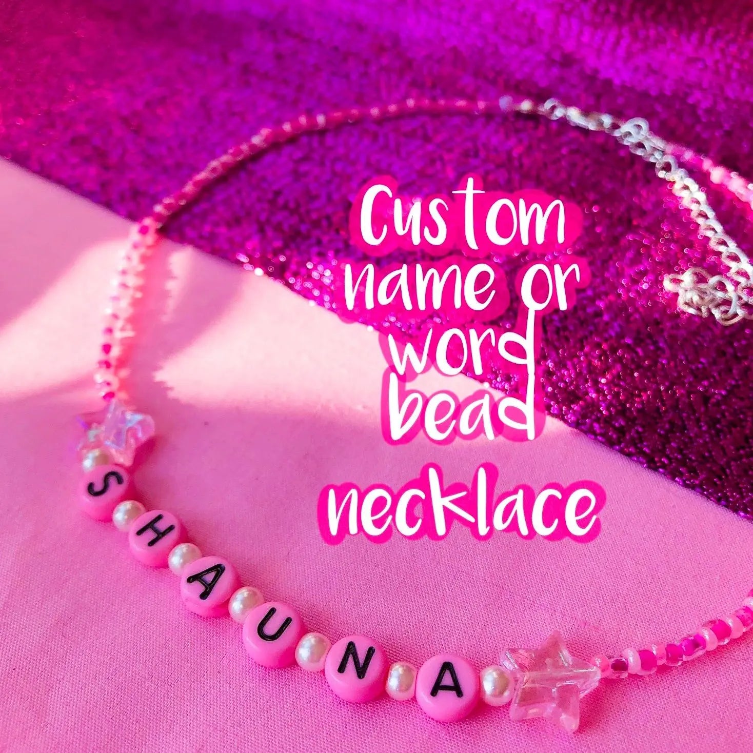 PINK custom name or word hand beaded necklace. Leftbians