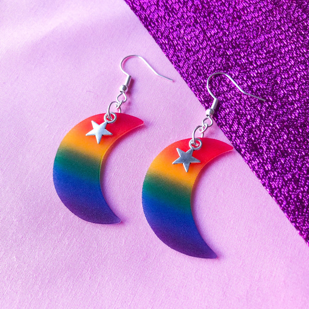 Rainbow gay pride flag crescent moon earrings Leftbians