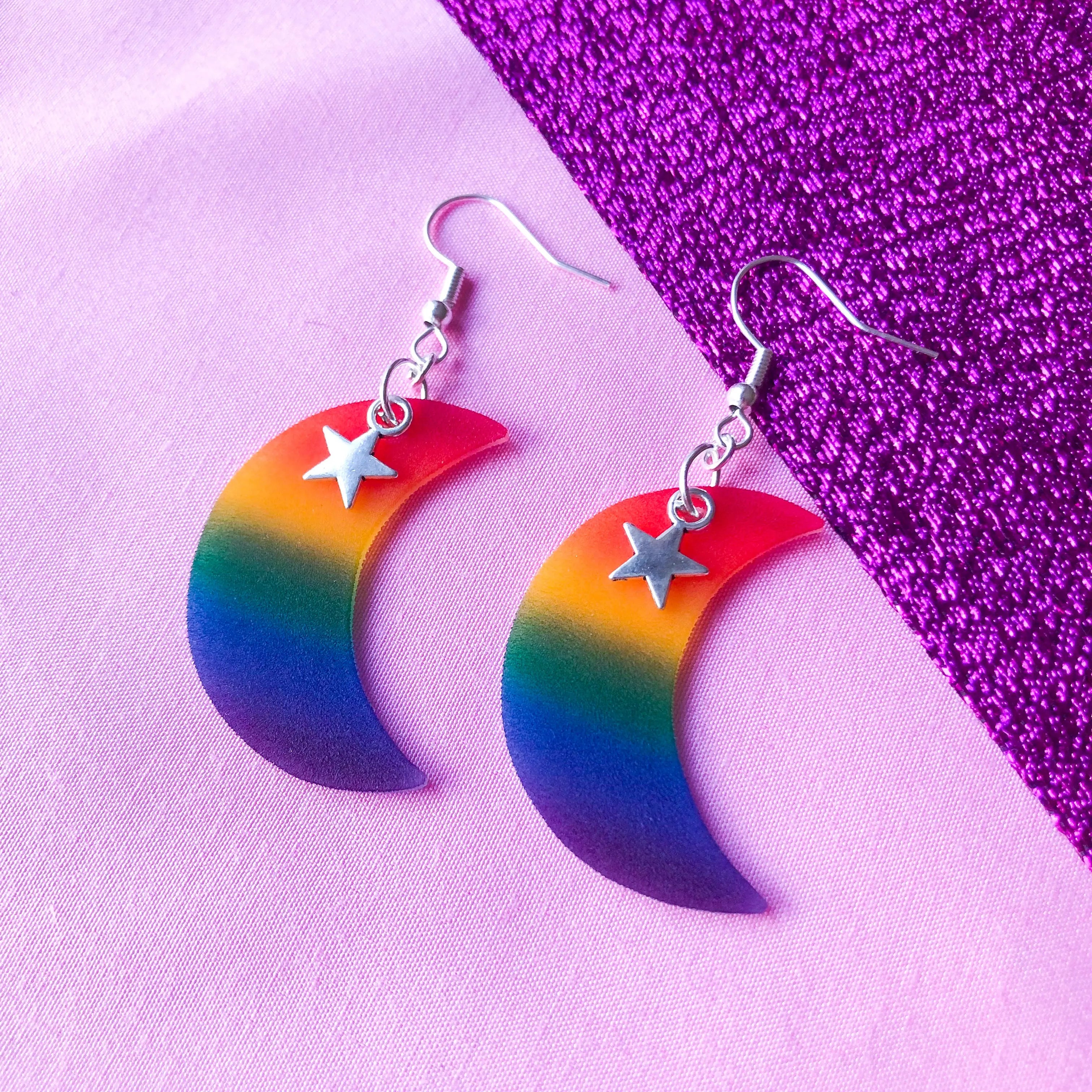 Rainbow gay pride flag crescent moon earrings Leftbians