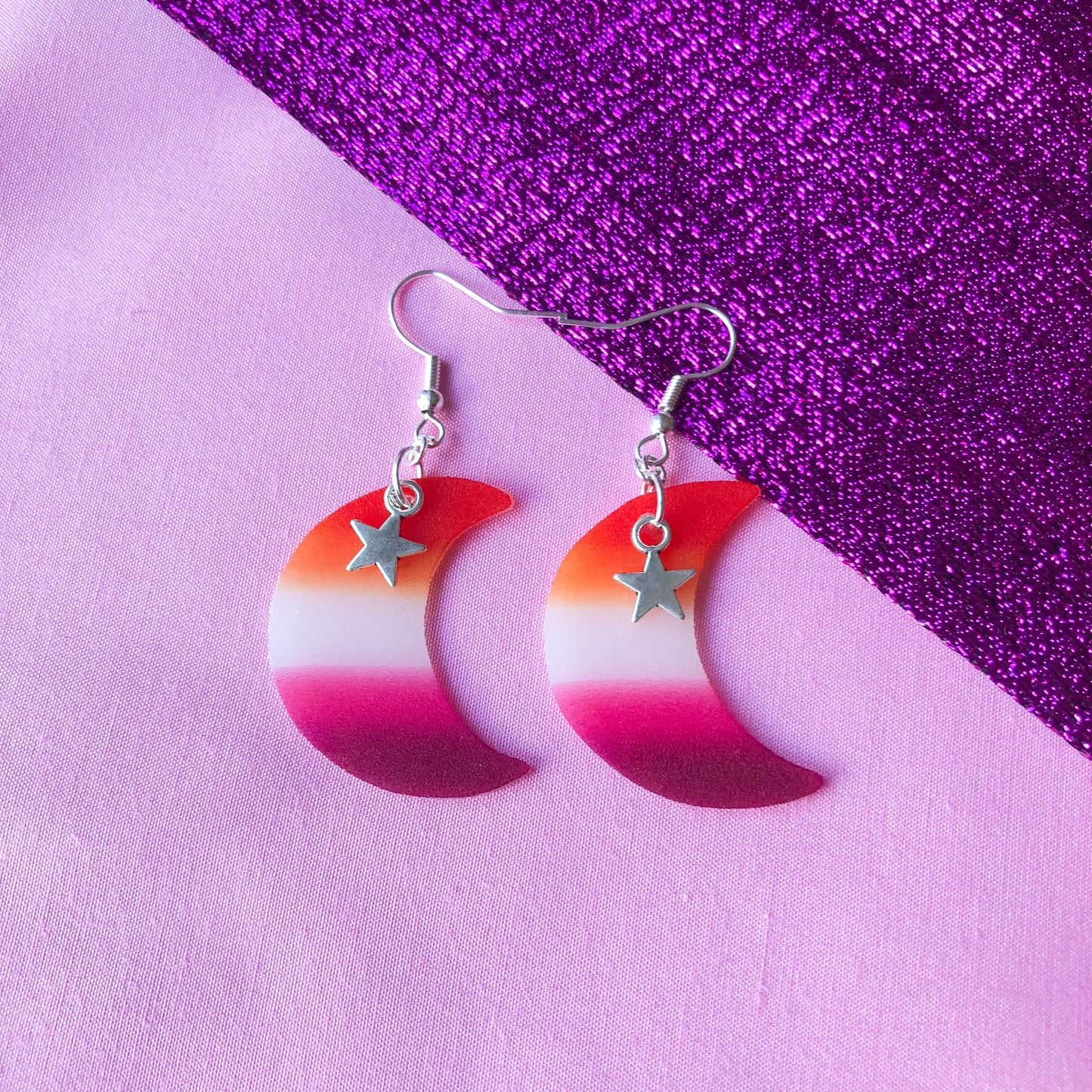 Lesbian flag crescent moon earrings