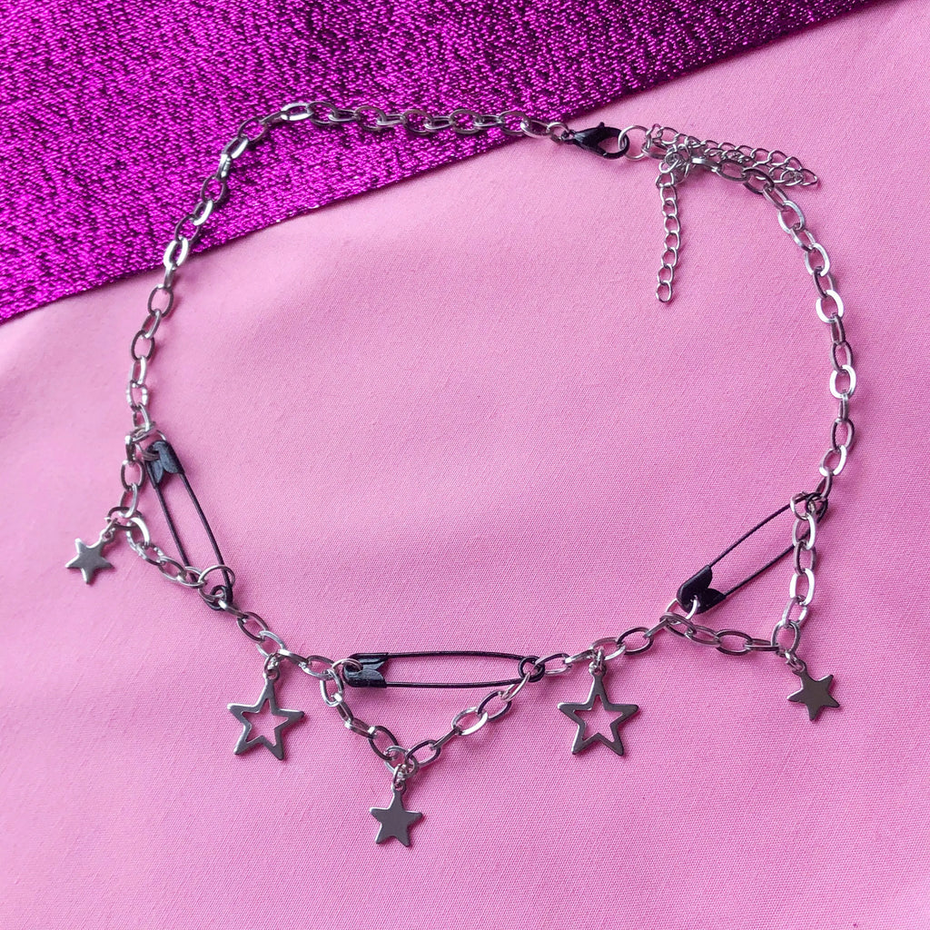 Black safety pin and star charm steel necklace Leftbians