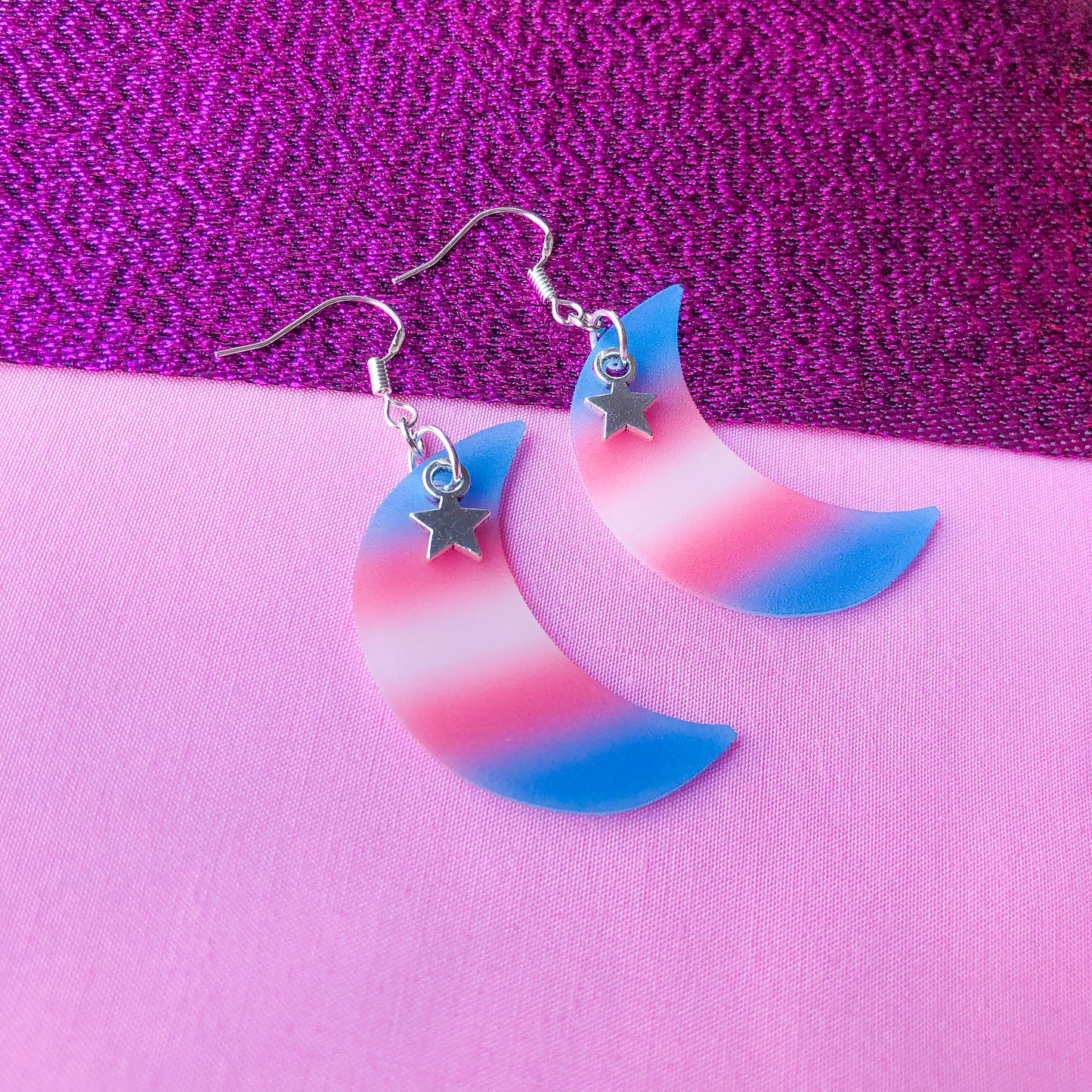 Transgender flag crescent moon earrings