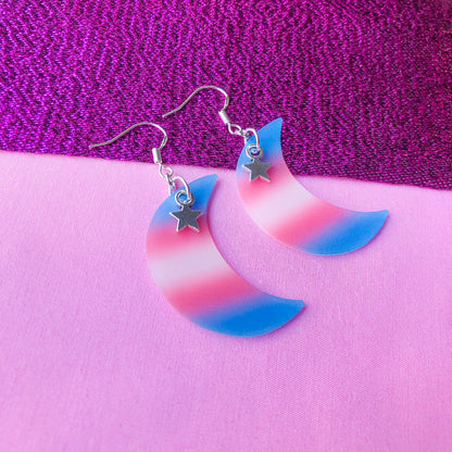 Transgender flag crescent moon earrings