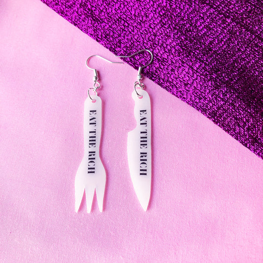 EAT THE RICH, knife and fork earrings