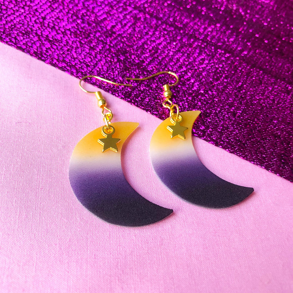 Non binary pride flag crescent moon earrings Leftbians