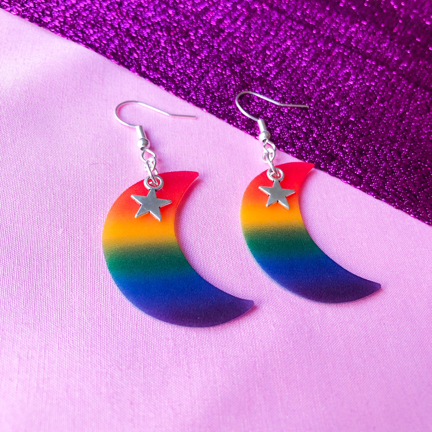 Rainbow gay pride flag crescent moon earrings