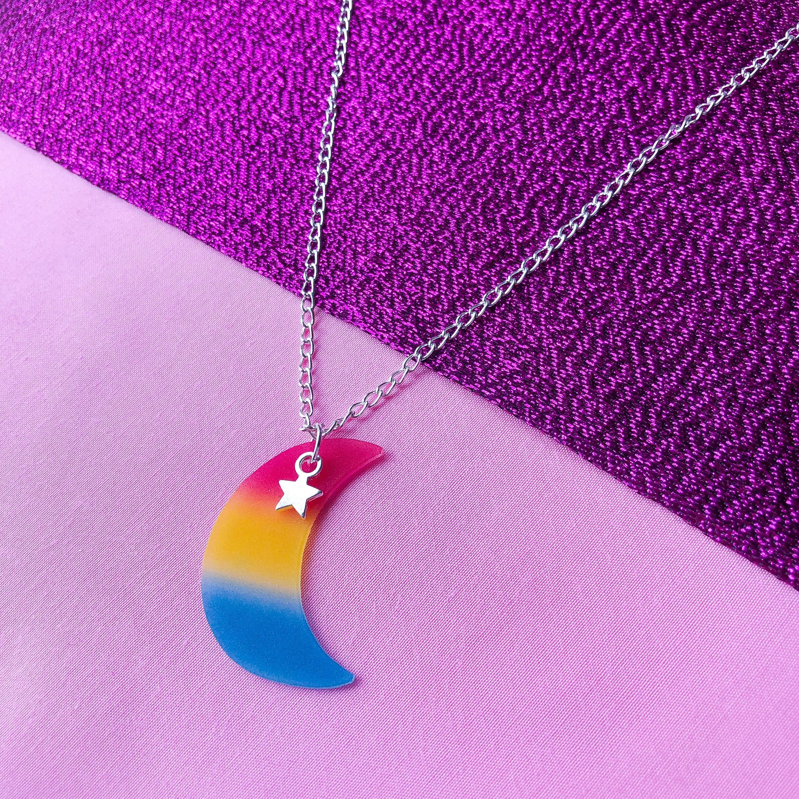 Pansexual pride flag moon necklace Leftbians