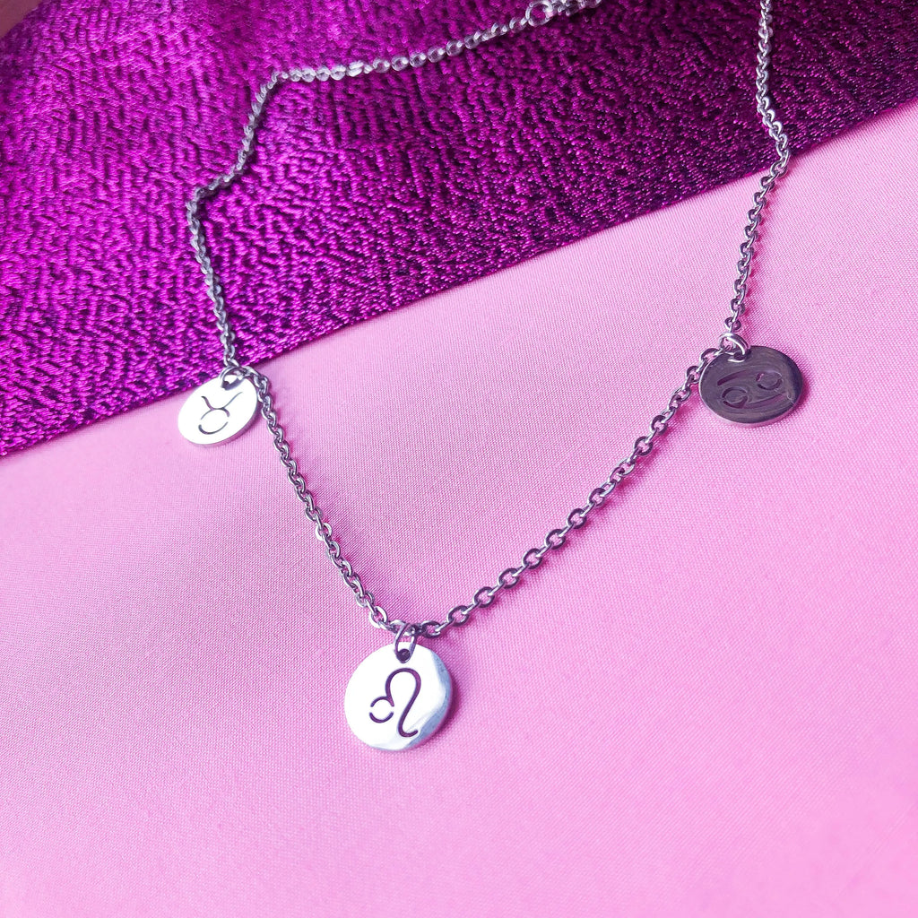 Zodiac star sign necklace with three astrology charms in stainless steel