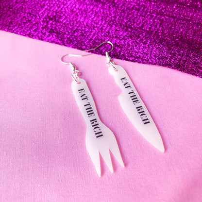 EAT THE RICH, knife and fork earrings