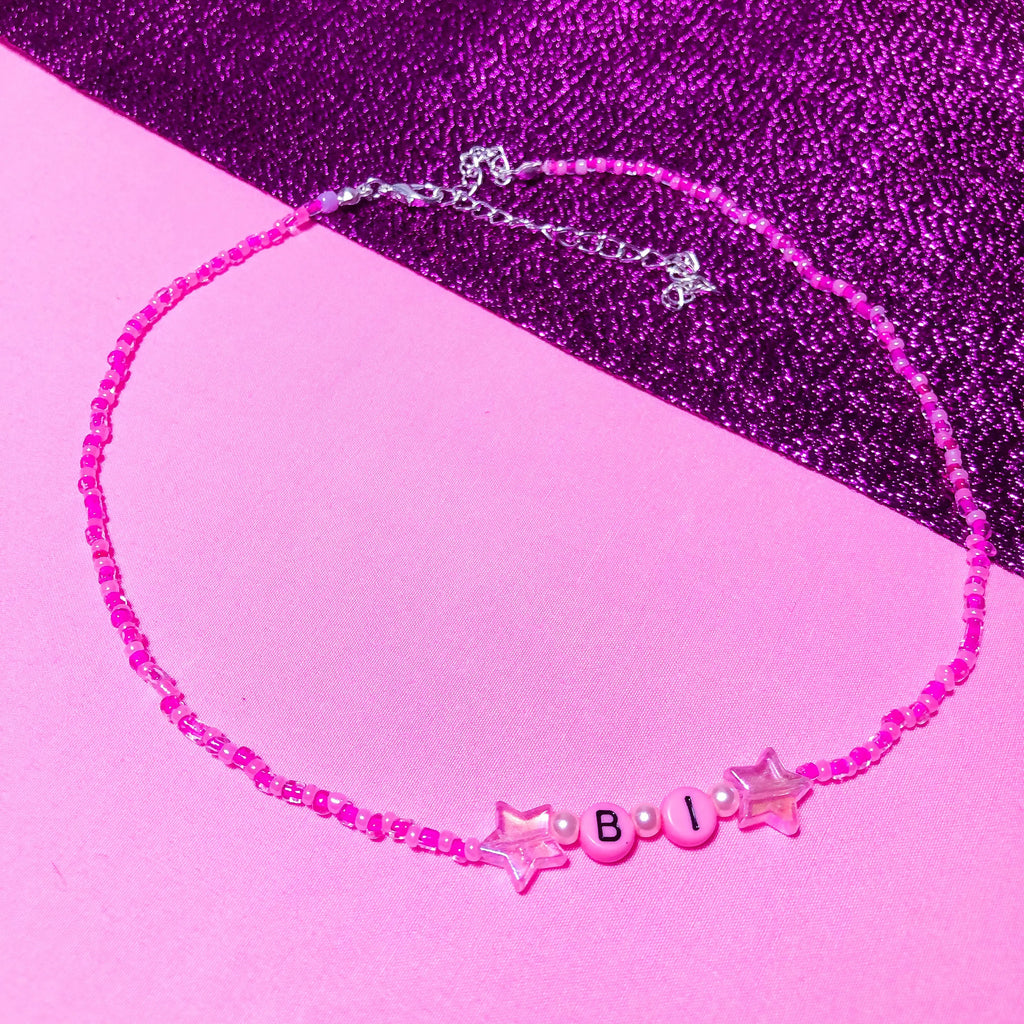 Pink “Bi” beaded necklace, Bisexual necklace. Leftbians