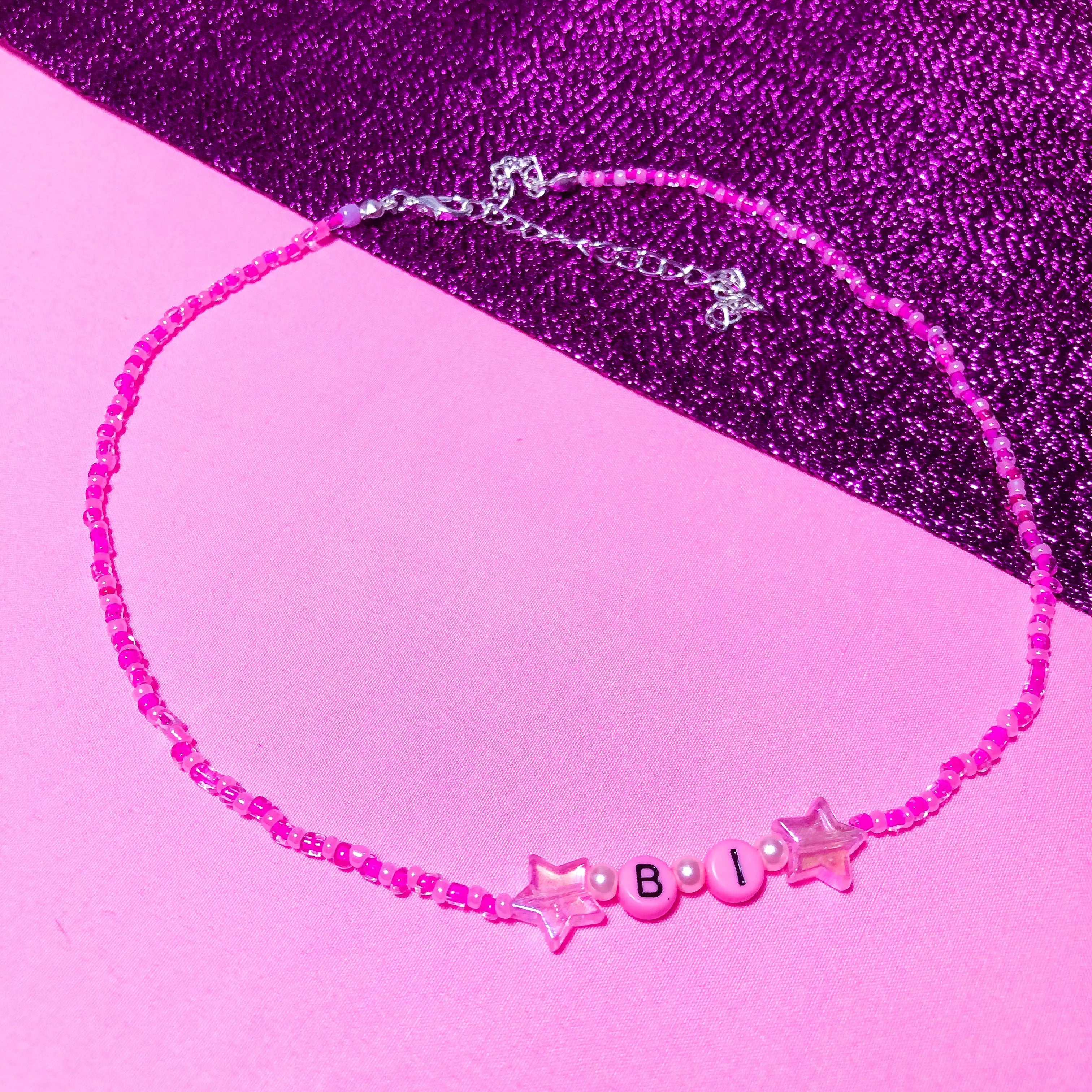 Pink “Bi” beaded necklace, Bisexual necklace. Leftbians