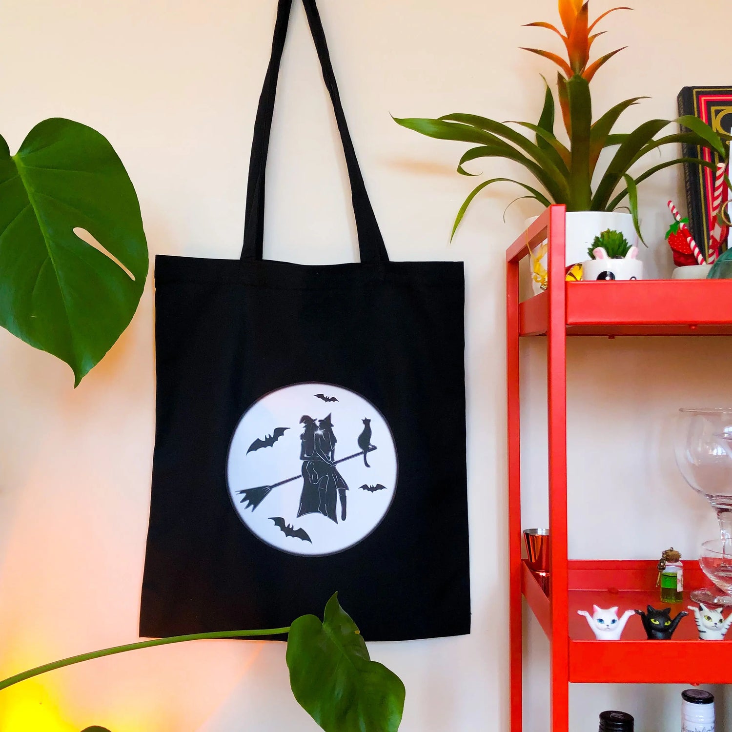 Gay witches on a broomstick, black tote bag Leftbians