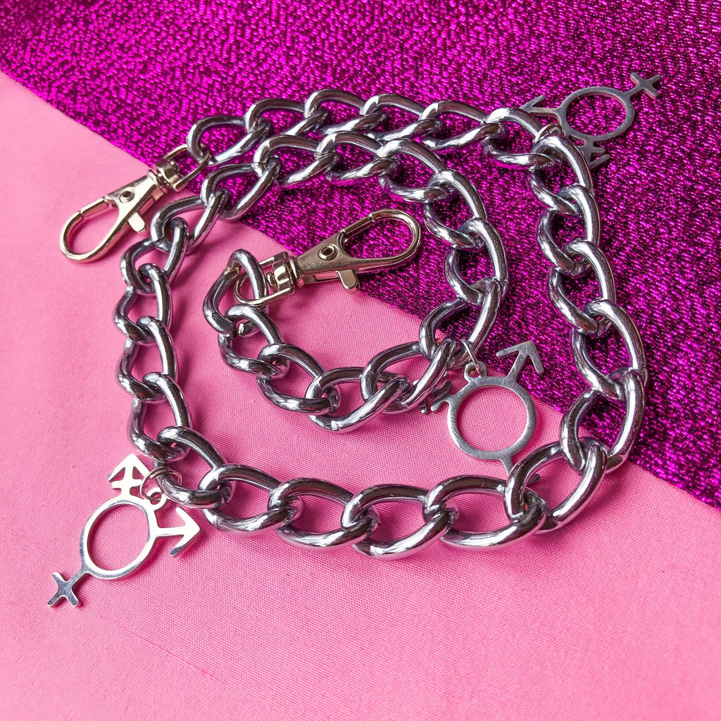 Jean chain with multiple Transgender symbol charms Leftbians
