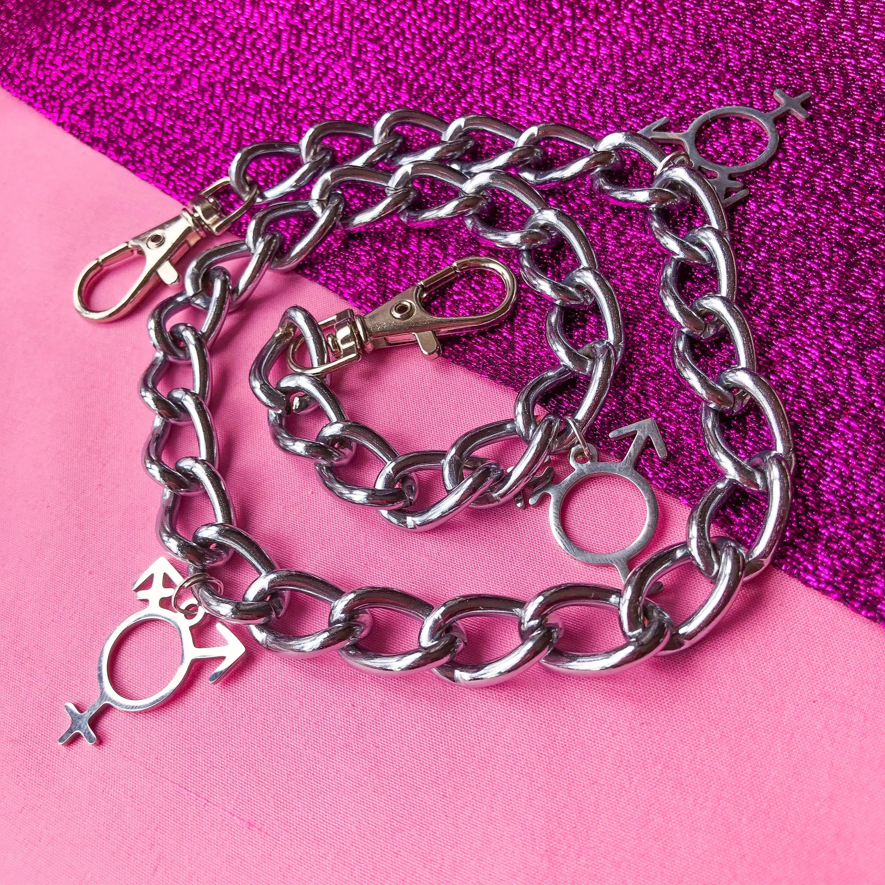 Jean chain with multiple Transgender symbol charms Leftbians